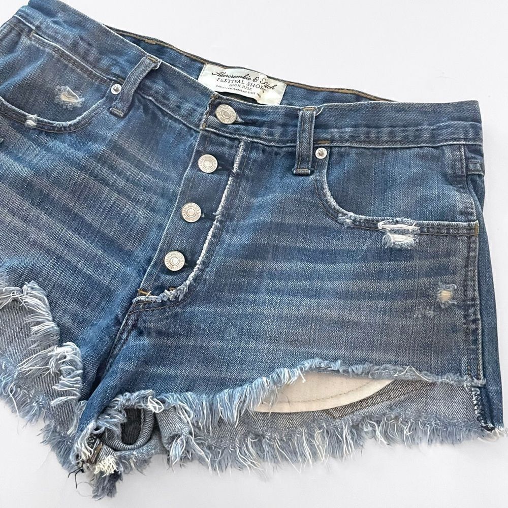 Abercrombie & Fitch Hi Rise Festival Distressed Denim Shorts - Picture 3 of 5